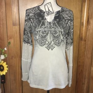 Affliction Womens Shirt Long Sleeve V Neck Black & Gray Bead & Lace Detail Large